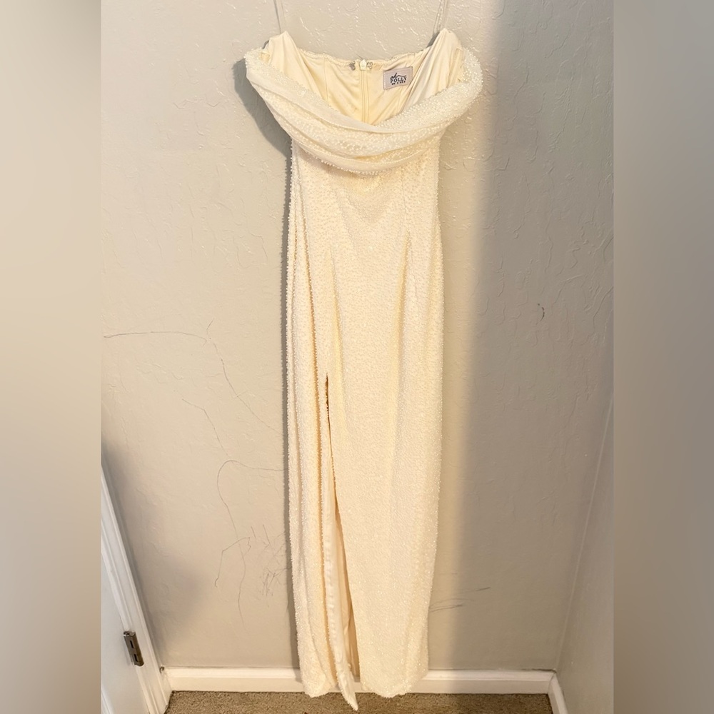 Oh Polly Cream Off-Shoulder Dress
